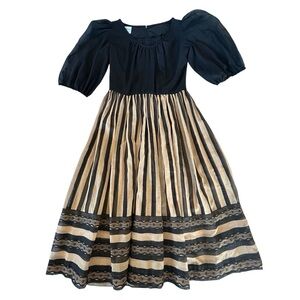 Herman Marcus Vintage 60s Semi-sheer Black Tan Stripe Midi Dress M Puff Sleeves